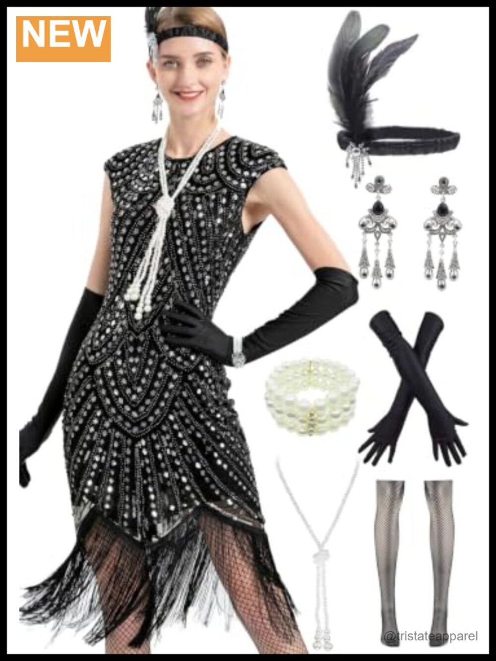 1920s Gatsby Cocktail Dress Set with Satin Gloves Pearl Necklace Fishnet